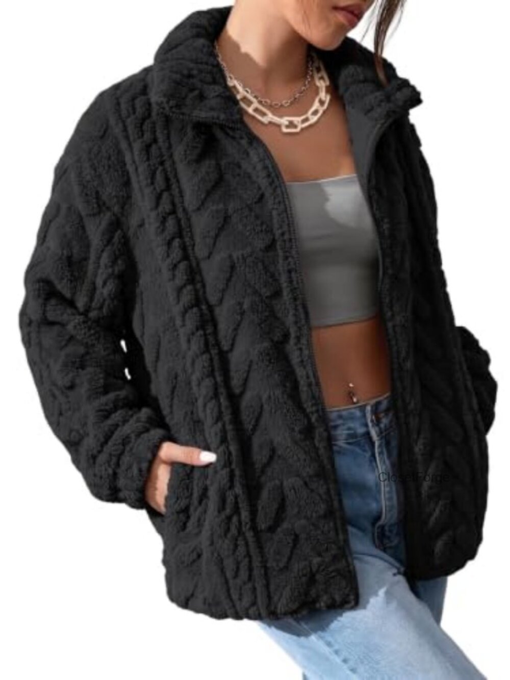 Women Fleece Zip Up Jacket Oversized Casual Coat with Pockets
